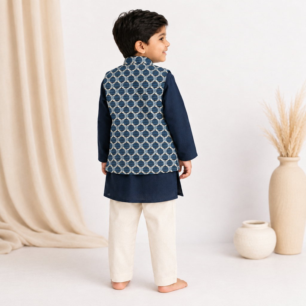 Tarun x Tyohaar | Kurta Pant & Jacket Set in Blue Leaf Cotton & Linen