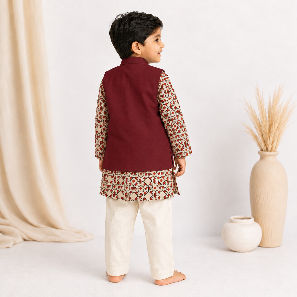 Arko x Tyohaar | Kurta Pant & Jacket Set in Cream & Red Geometric Block Print Cotton & Linen
