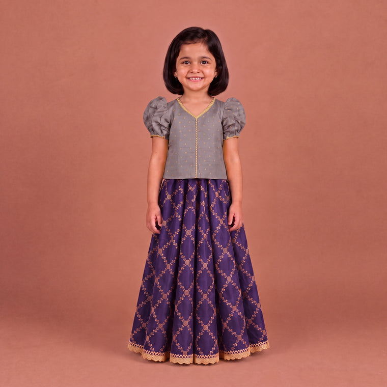 Timtim x Tyohaar | Lilac & Orchid Plum Chandheri-Brocade Ruffle Sleeve Lehenga Set