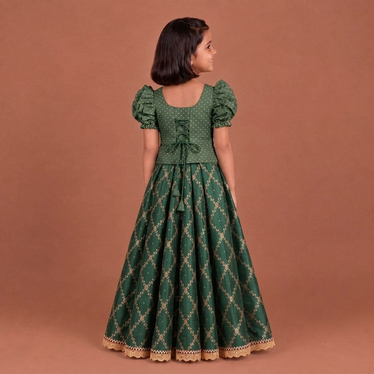 Timtim x Tyohaar | Green Chandheri-Brocade Ruffle Sleeve Lehenga Set
