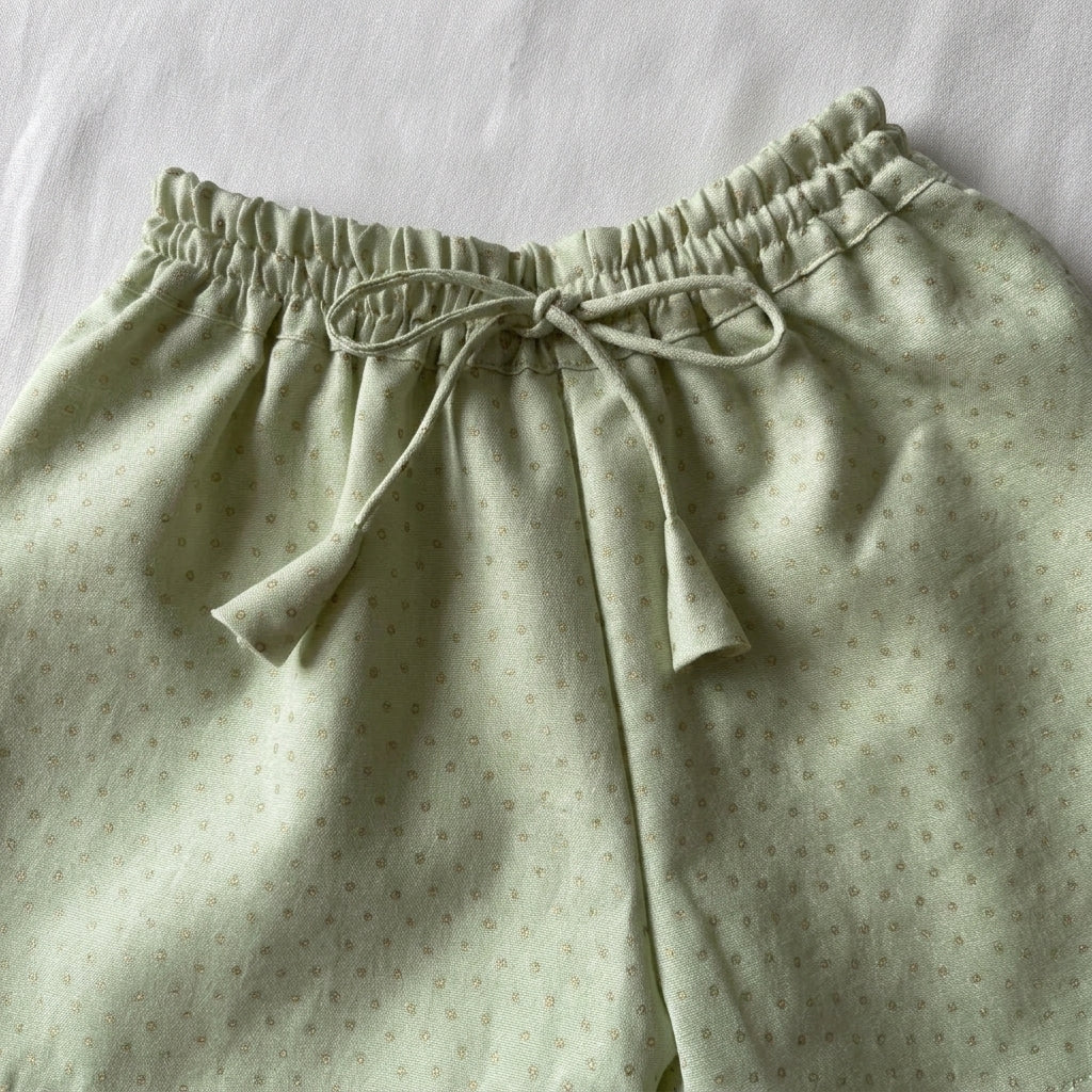 Kitty x Tyohaar | Light Green Foil Chandheri Tent Style Kurta & Flared Pant Set