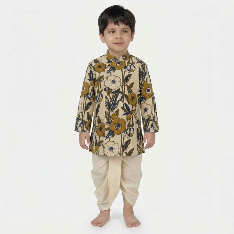 Taaran x Tyohaar | Kurta & Dhoti Pant Set in Cream Meadow Block Print Cotton & Linen