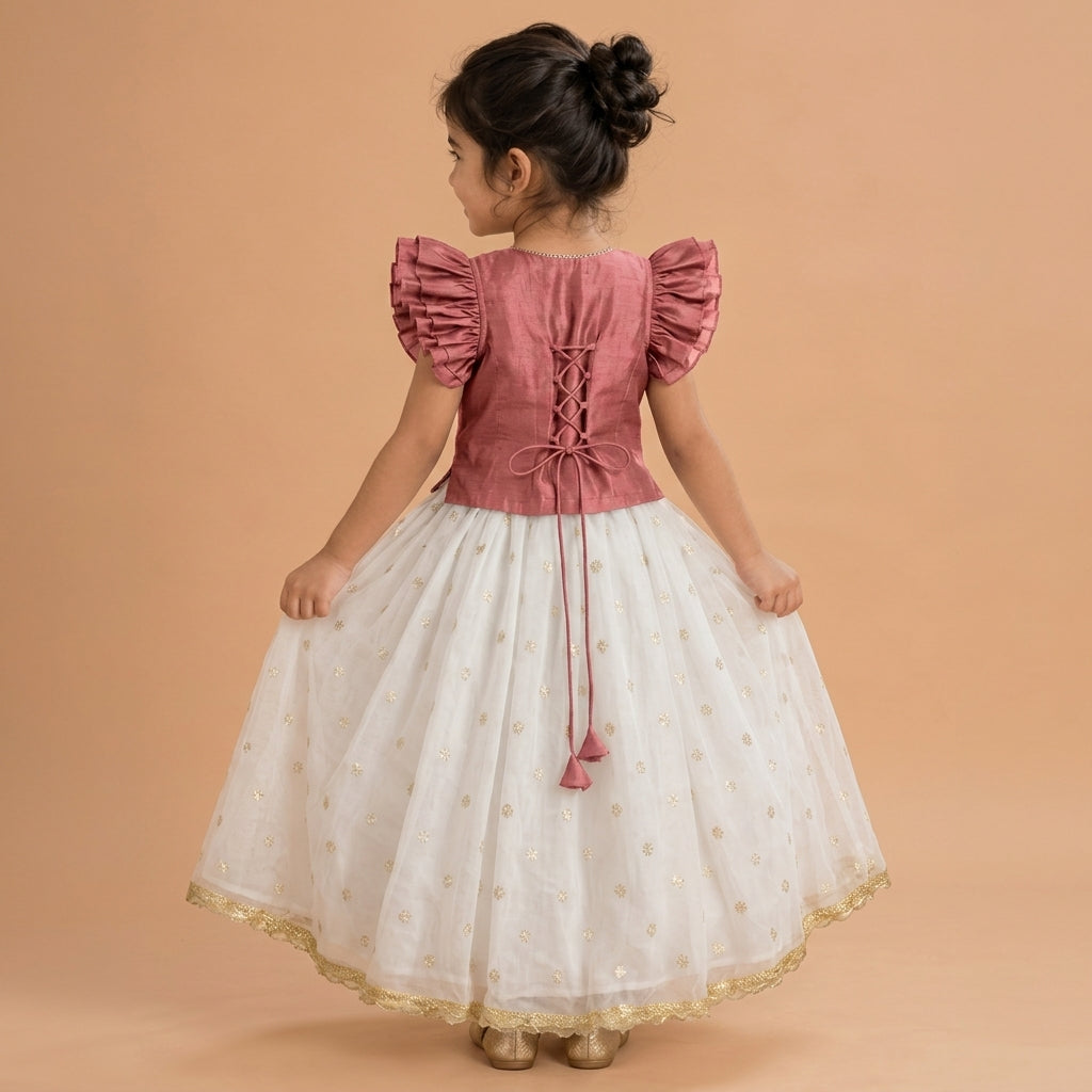Gilheri x Tyohaar | Rose Pink & White Chandheri-Organza Ruffle Sleeve Lehenga Set