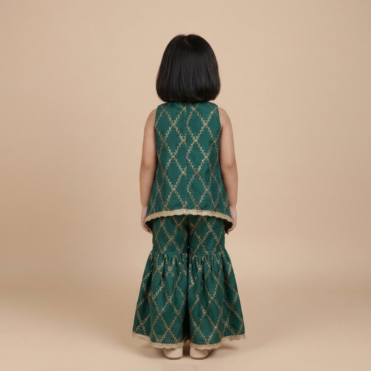 Poppy x Tyohaar | Emerald Green Vine Mesh Brocade Tent Style Kurta & Flared Pant Set