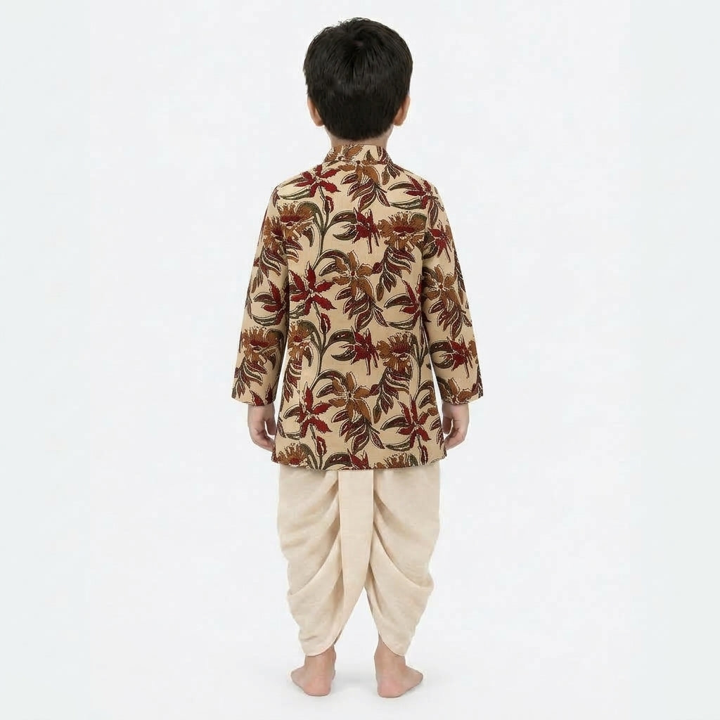 Advik x Tyohaar | Kurta & Dhoti Pant Set in Cream Blossom Block Print Cotton & Linen