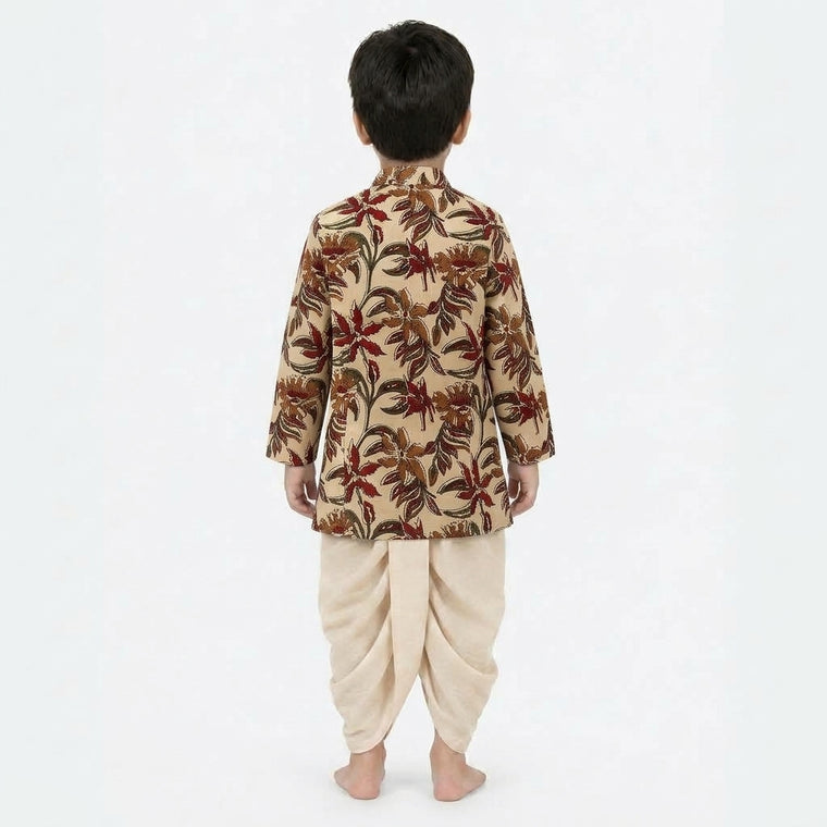 Advik x Tyohaar | Kurta & Dhoti Pant Set in Cream Blossom Block Print Cotton & Linen