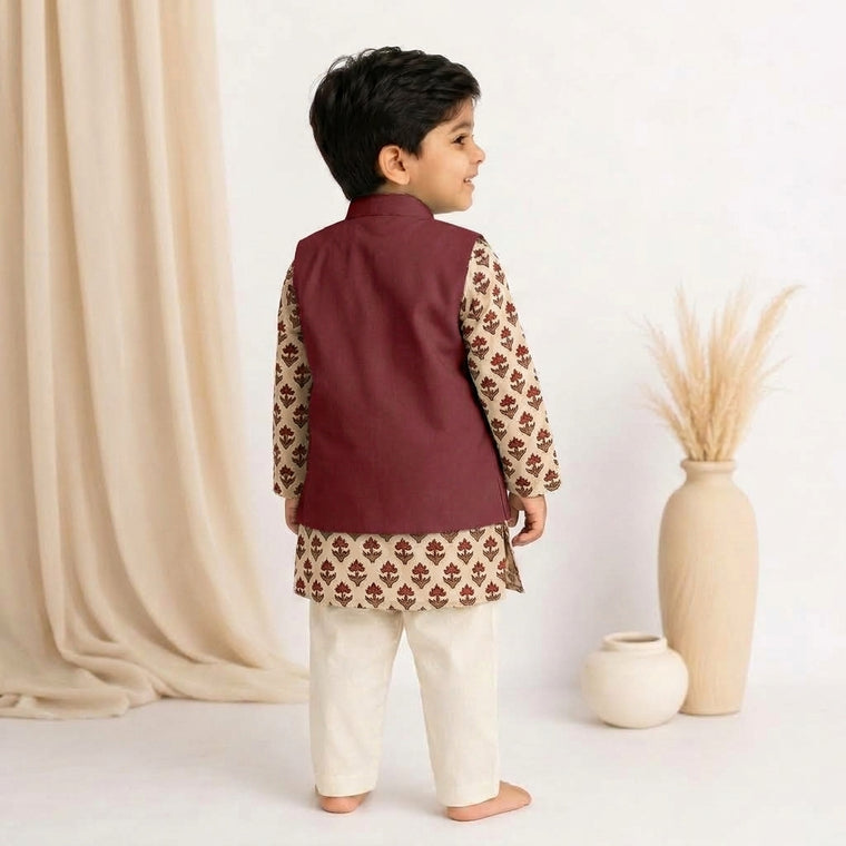 Aman x Tyohaar | Kurta Pant & Jacket Set in Tulip Bloom Cream Block Print Cotton & Linen