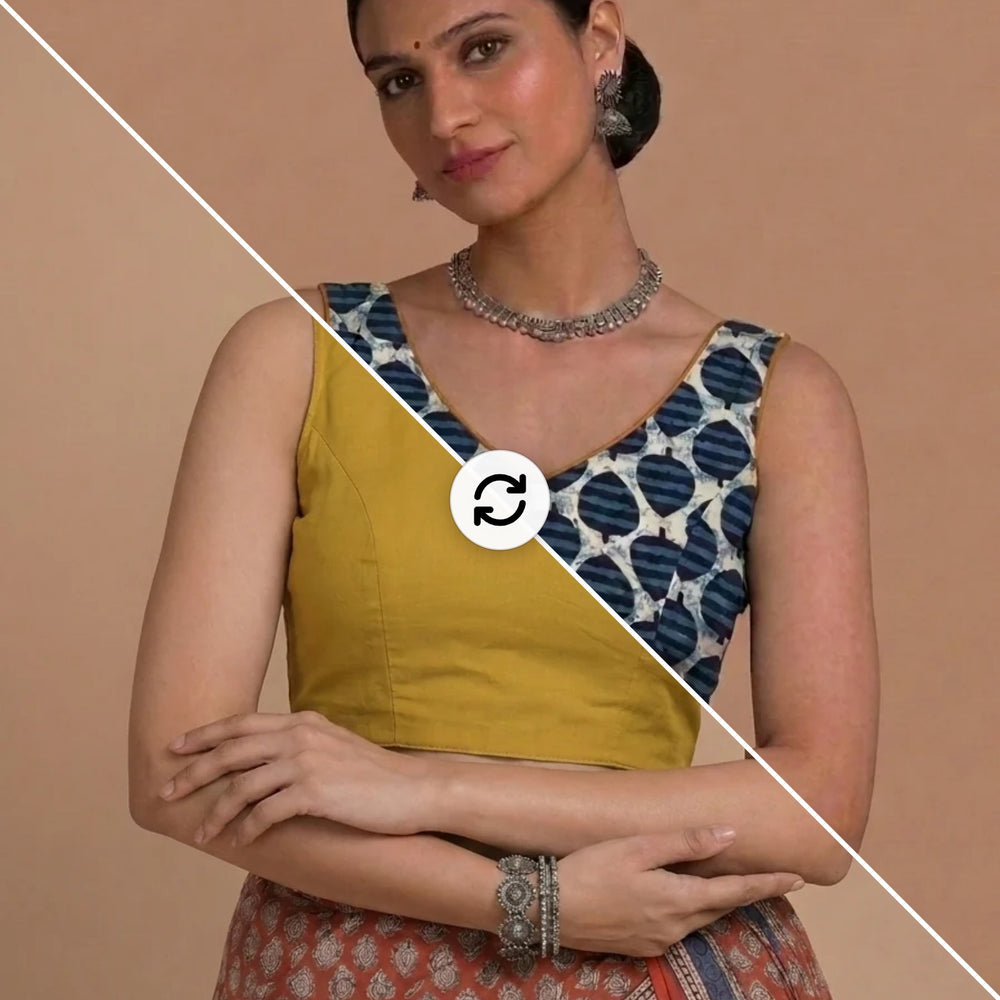 Ardha | Duet Reversible Blockprinted Indigo Spade & Yellow Blockprinted Cotton CinchFit™ Saree Blouse