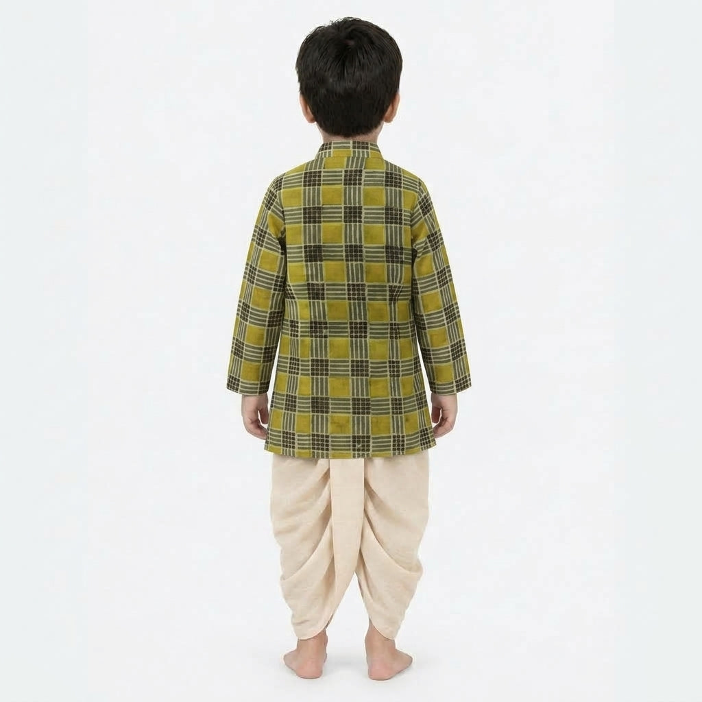 Ollie x Tyohaar | Kurta & Dhoti Pant Set in Olive Grid Block Print Cotton & Linen