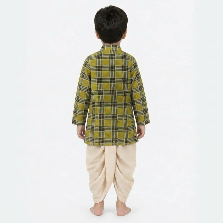 Ollie x Tyohaar | Kurta & Dhoti Pant Set in Olive Grid Block Print Cotton & Linen