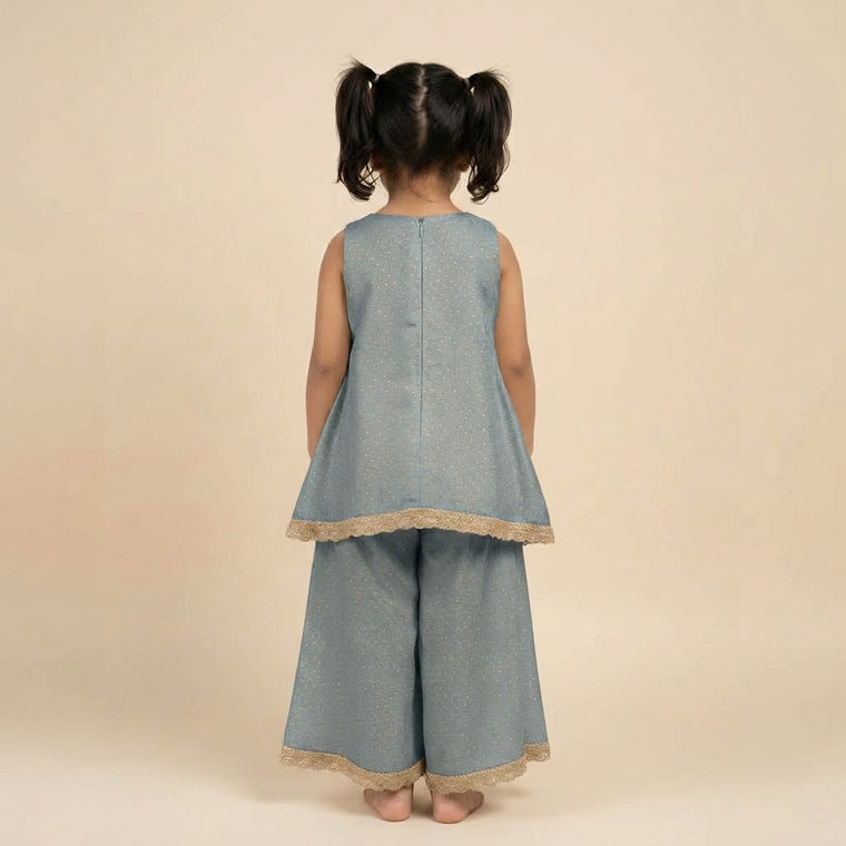 Kitty x Tyohaar | Blue Green Foil Chandheri Tent Style Kurta & Flared Pant Set