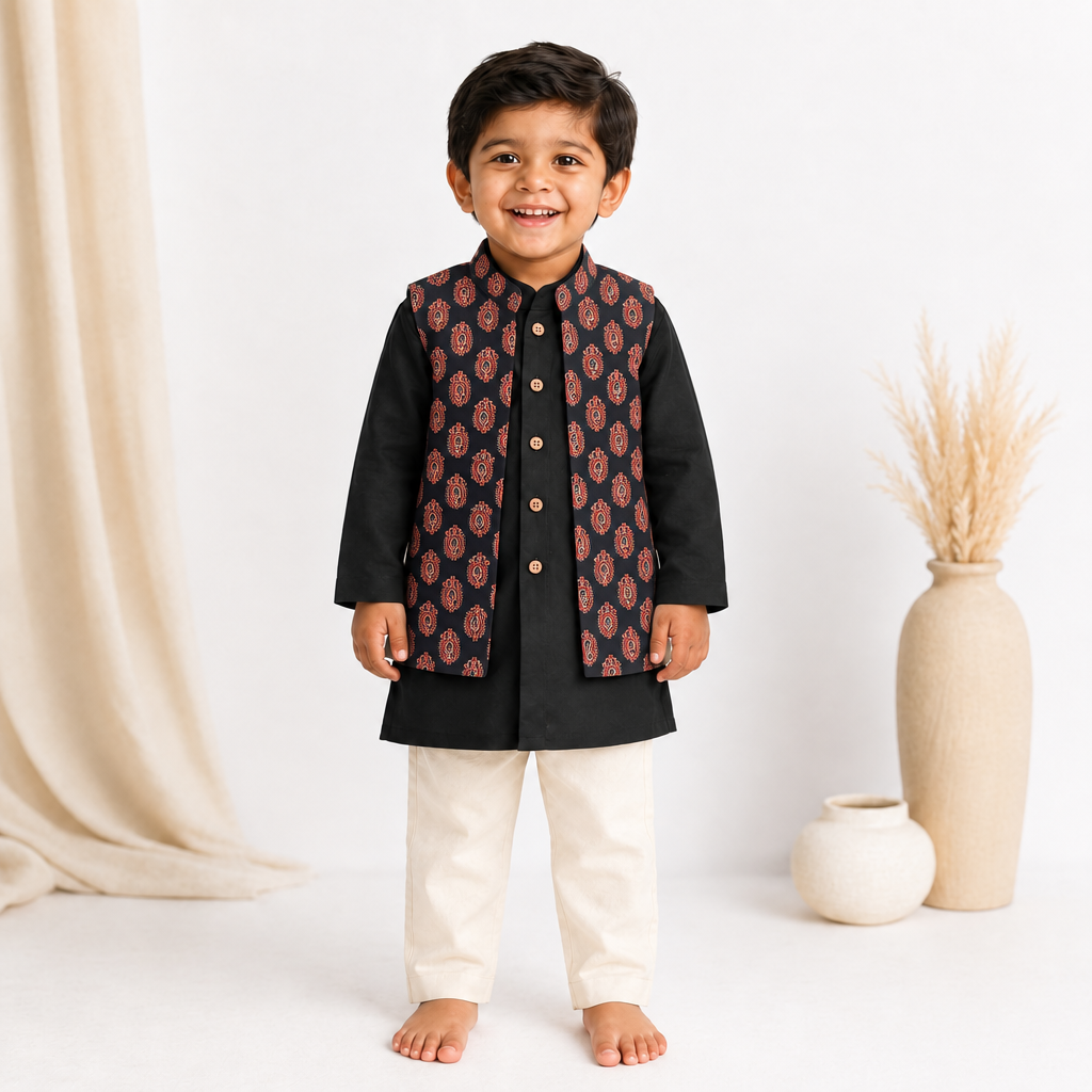Ambi x Tyohaar | Kurta Pant & Jacket Set in Black Mango Cotton & Linen