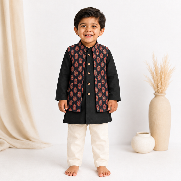 Ambi x Tyohaar | Kurta Pant & Jacket Set in Black Mango Cotton & Linen