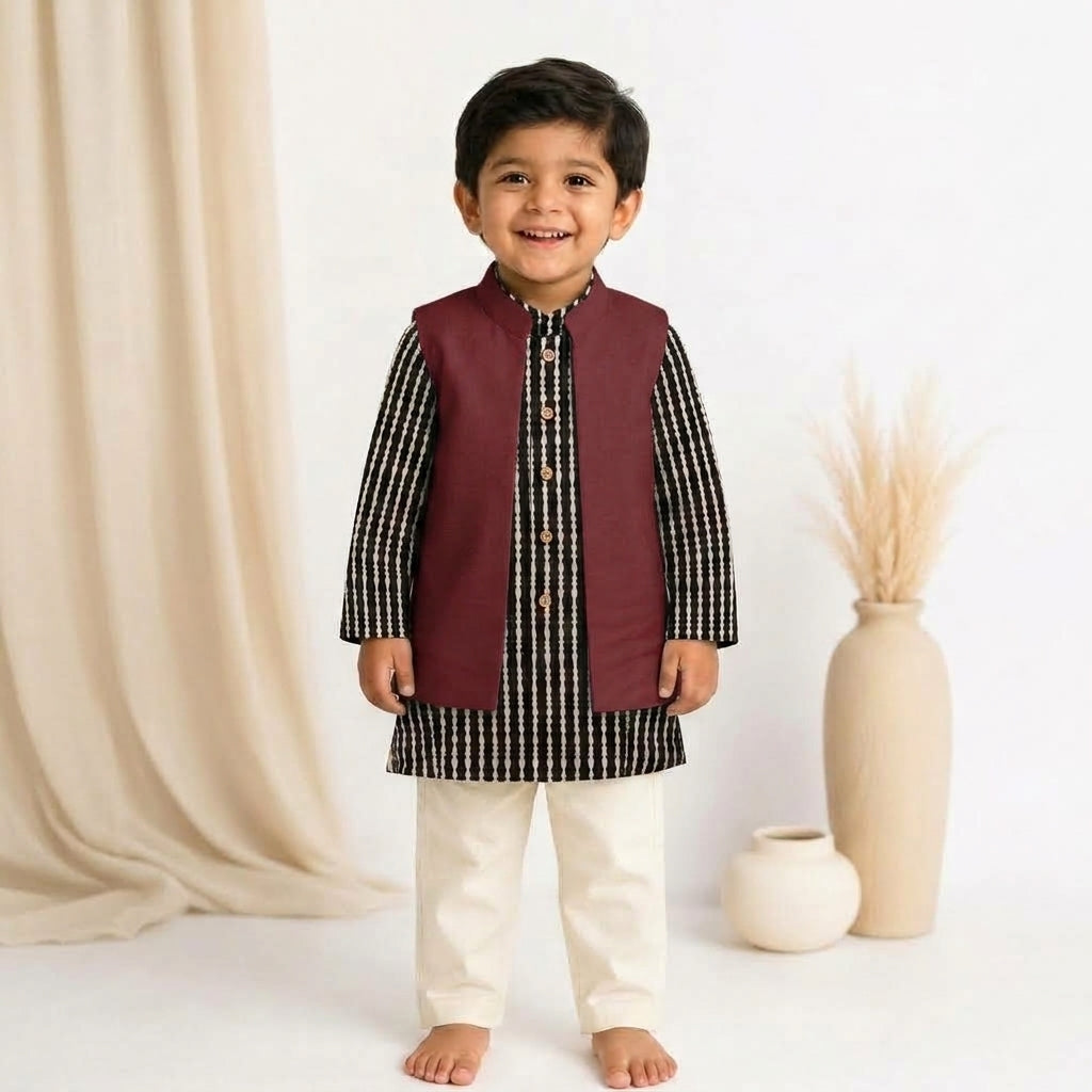 Kuro x Tyohaar | Kurta Pant & Jacket Set in Earthy Black Stripes Block Print Cotton & Linen