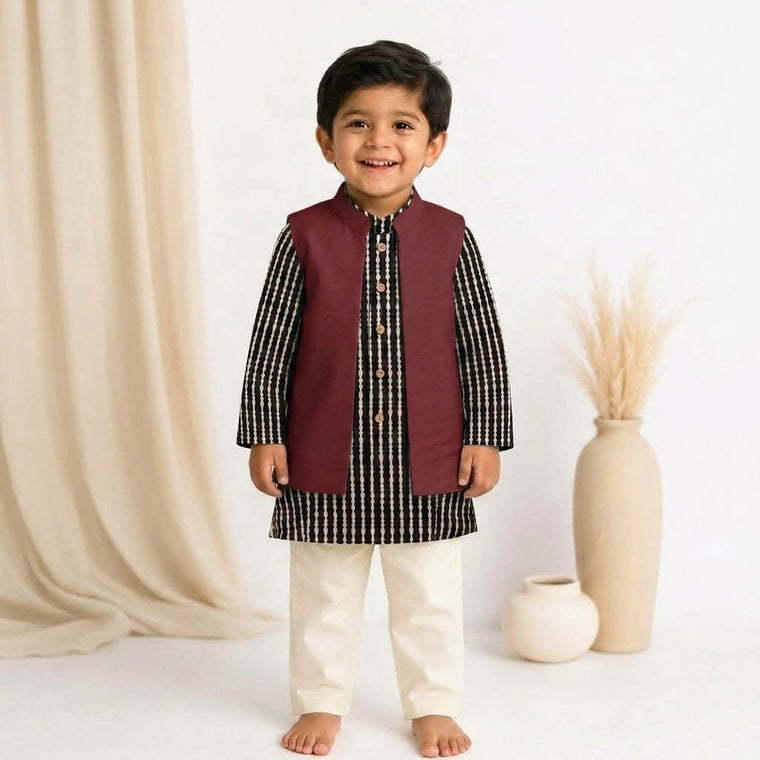 Kuro x Tyohaar | Kurta Pant & Jacket Set in Earthy Black Stripes Block Print Cotton & Linen
