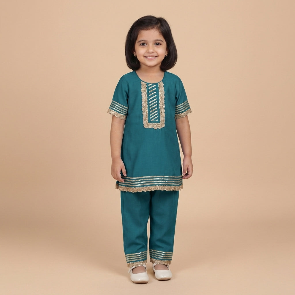 Afiya x Tyohaar | Crystal Teal Solid Viscose Straight Kurta & Pant Set
