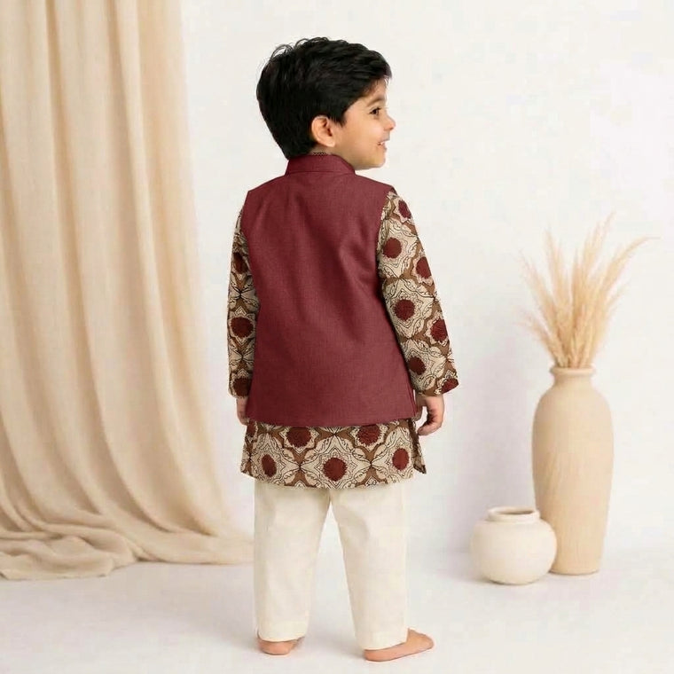 Chikoo x Tyohaar | Kurta Pant & Jacket Set in Red Dahlia Block Print Cotton & Linen