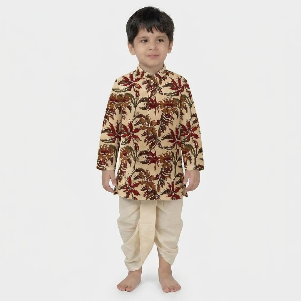 Advik x Tyohaar | Kurta & Dhoti Pant Set in Cream Blossom Block Print Cotton & Linen