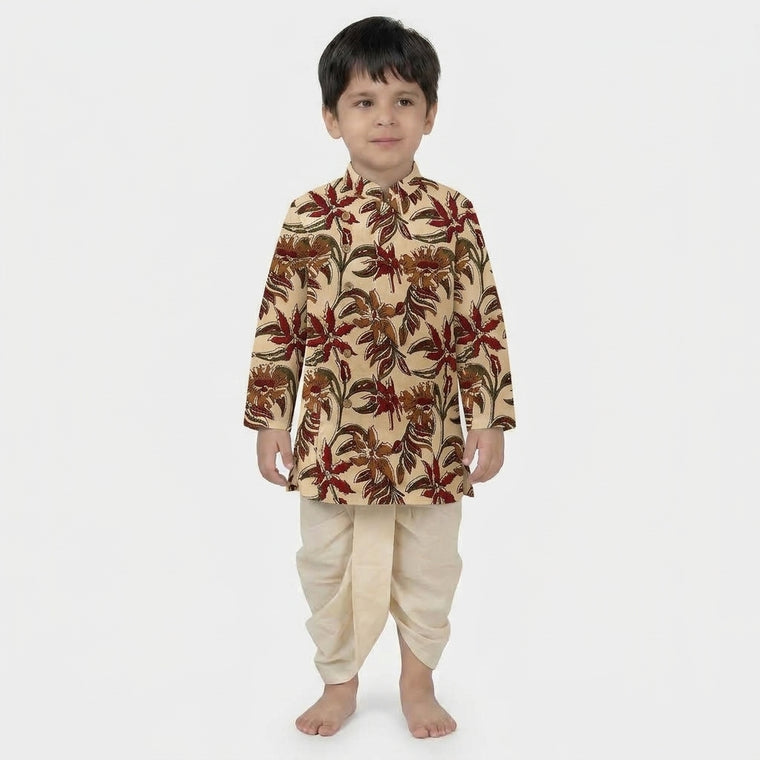 Advik x Tyohaar | Kurta & Dhoti Pant Set in Cream Blossom Block Print Cotton & Linen