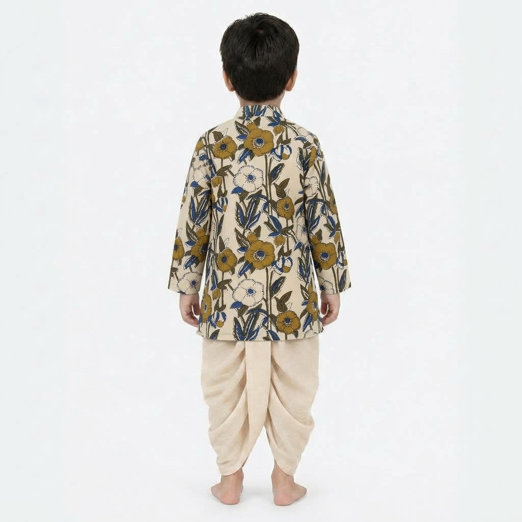Taaran x Tyohaar | Kurta & Dhoti Pant Set in Cream Meadow Block Print Cotton & Linen