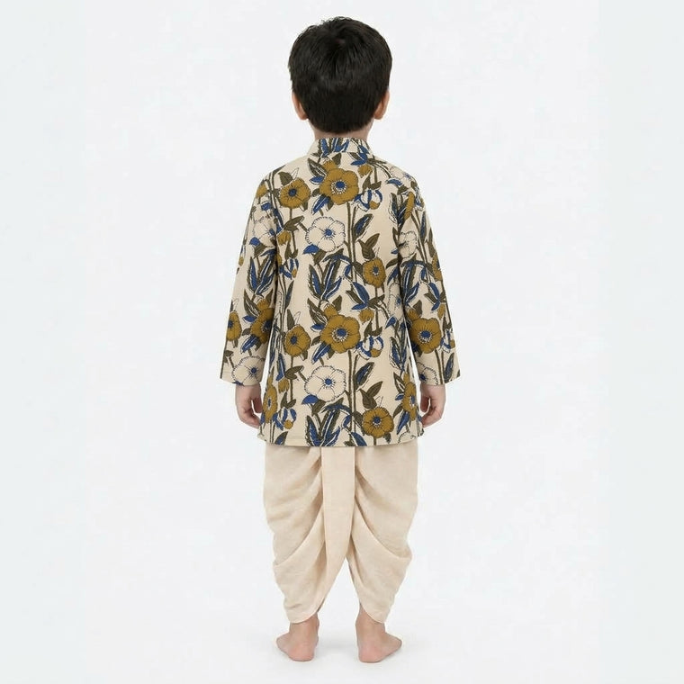 Taaran x Tyohaar | Kurta & Dhoti Pant Set in Cream Meadow Block Print Cotton & Linen