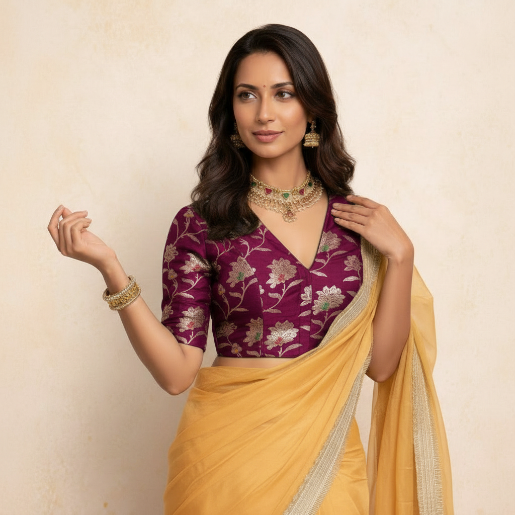 Saira x Tyohaar | Elbow Sleeves Violet Meenakari Saree Blouse