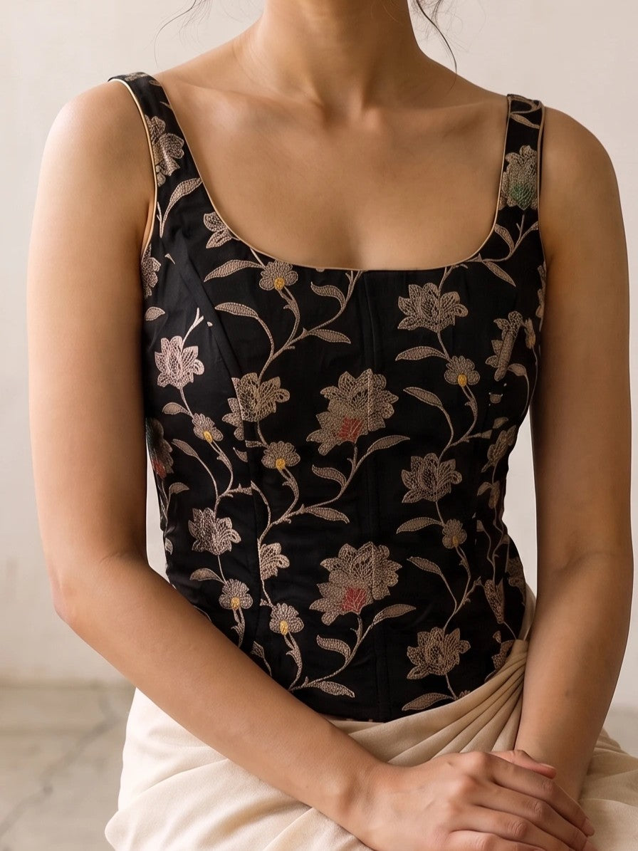 Zorana | Sleeveless Black Meenakari Viscose SculptFit™ Corset Top