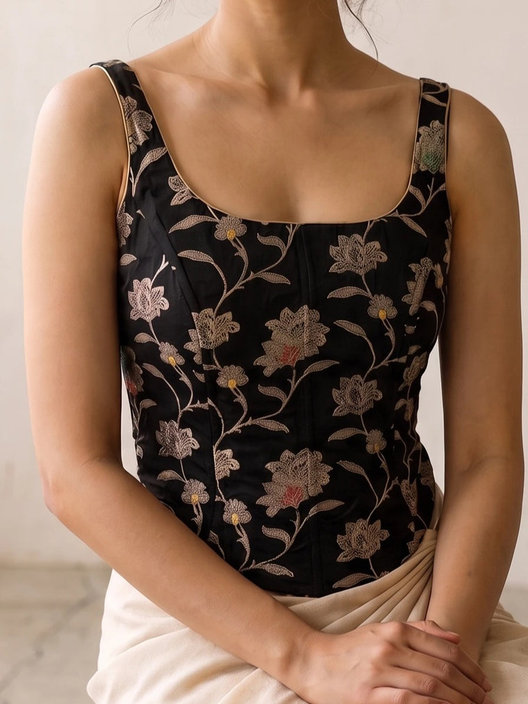 Zorana | Sleeveless Black Meenakari Viscose SculptFit™ Corset Top