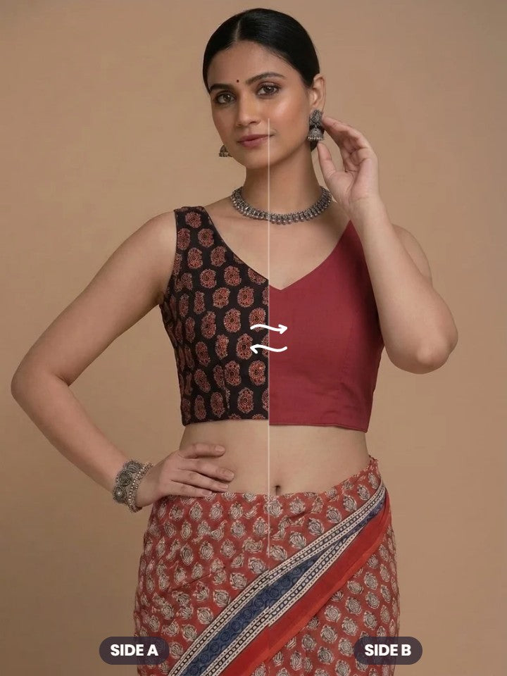 Ardha | Duet Reversible Blockprinted Black Mango & Red Blockprinted Cotton CinchFit™ Saree Blouse — Side A and Side B