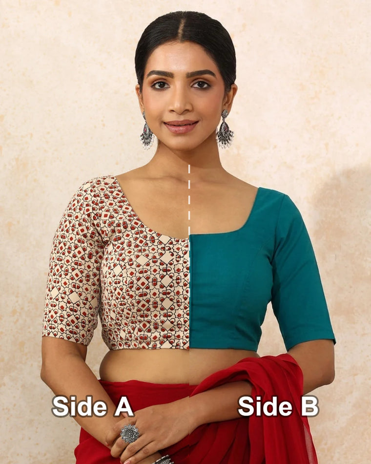 Neha Reversible Duet | Red Geometric × Teal Blue Cotton-Linen Saree Blouse — Side A and Side B