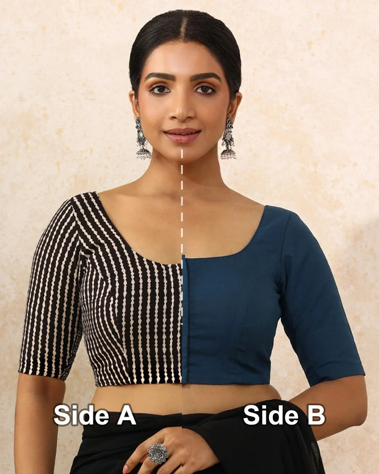 Neha Reversible Duet | Earthy Black Stripes × Regal Blue Cotton-Linen Saree Blouse — Side A and Side B