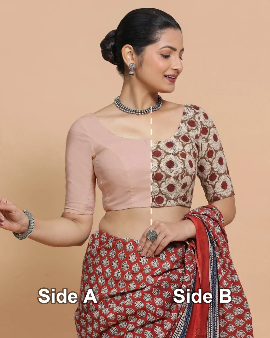 Neha Reversible Duet | Red Dahlia × Misty Pink Cotton-Linen Saree Blouse — Side A and Side B