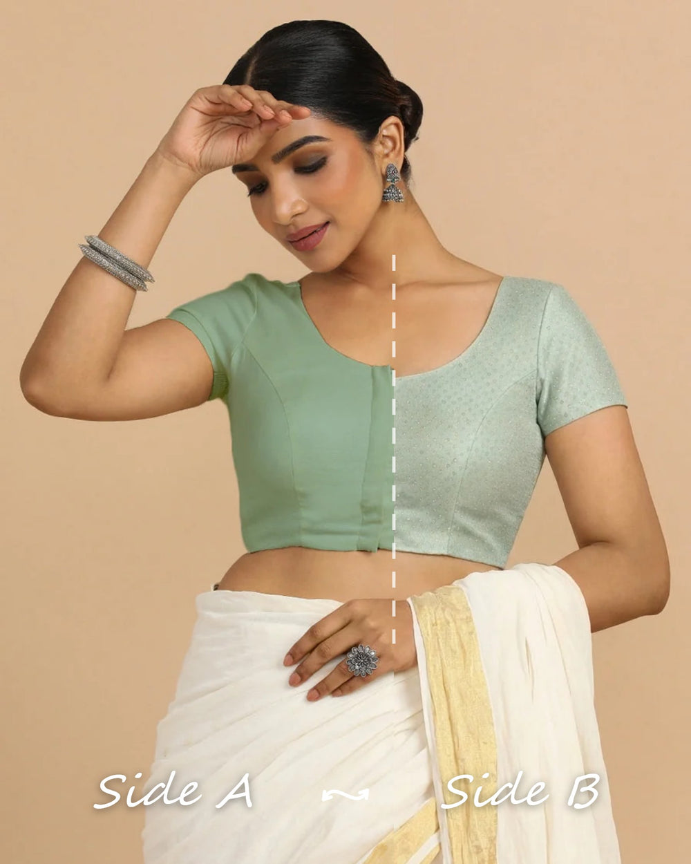 Krusha Reversible Duet | Blue Green × Peppermint Green Chandheri-Linen Saree Blouse