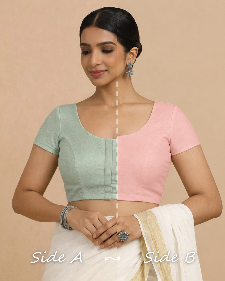 Krusha Reversible Duet | Blue Green × Misty Pink Chandheri-Linen Saree Blouse — Side A and Side B