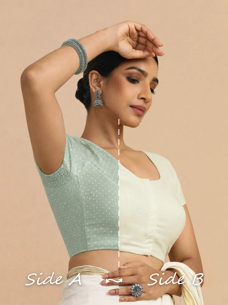 Krusha Reversible Duet | Blue Green × Chalk White Chandheri-Linen Saree Blouse