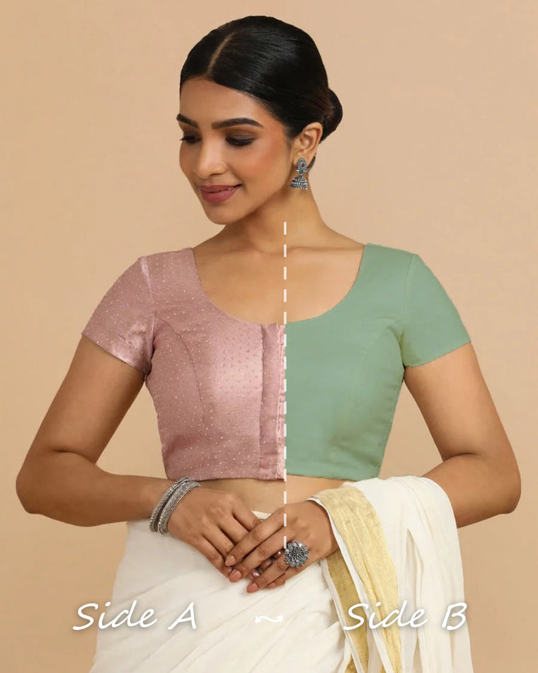 Krusha Reversible Duet | Dusty Rose × Peppermint Green Chandheri-Linen Saree Blouse — Side A and Side B