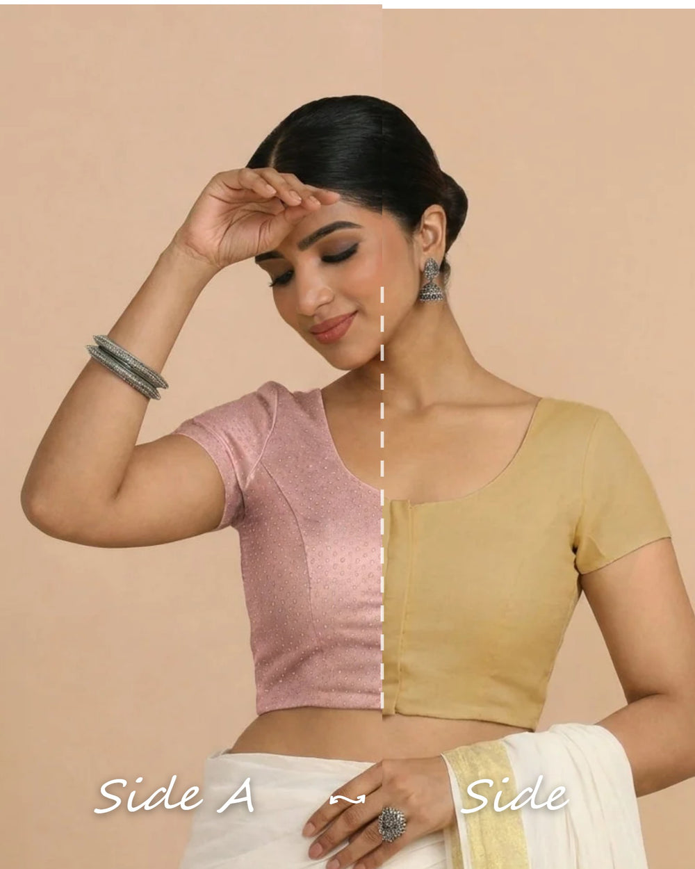 Krusha Reversible Duet | Dusty Rose × Ecru Beige Chandheri-Linen Saree Blouse