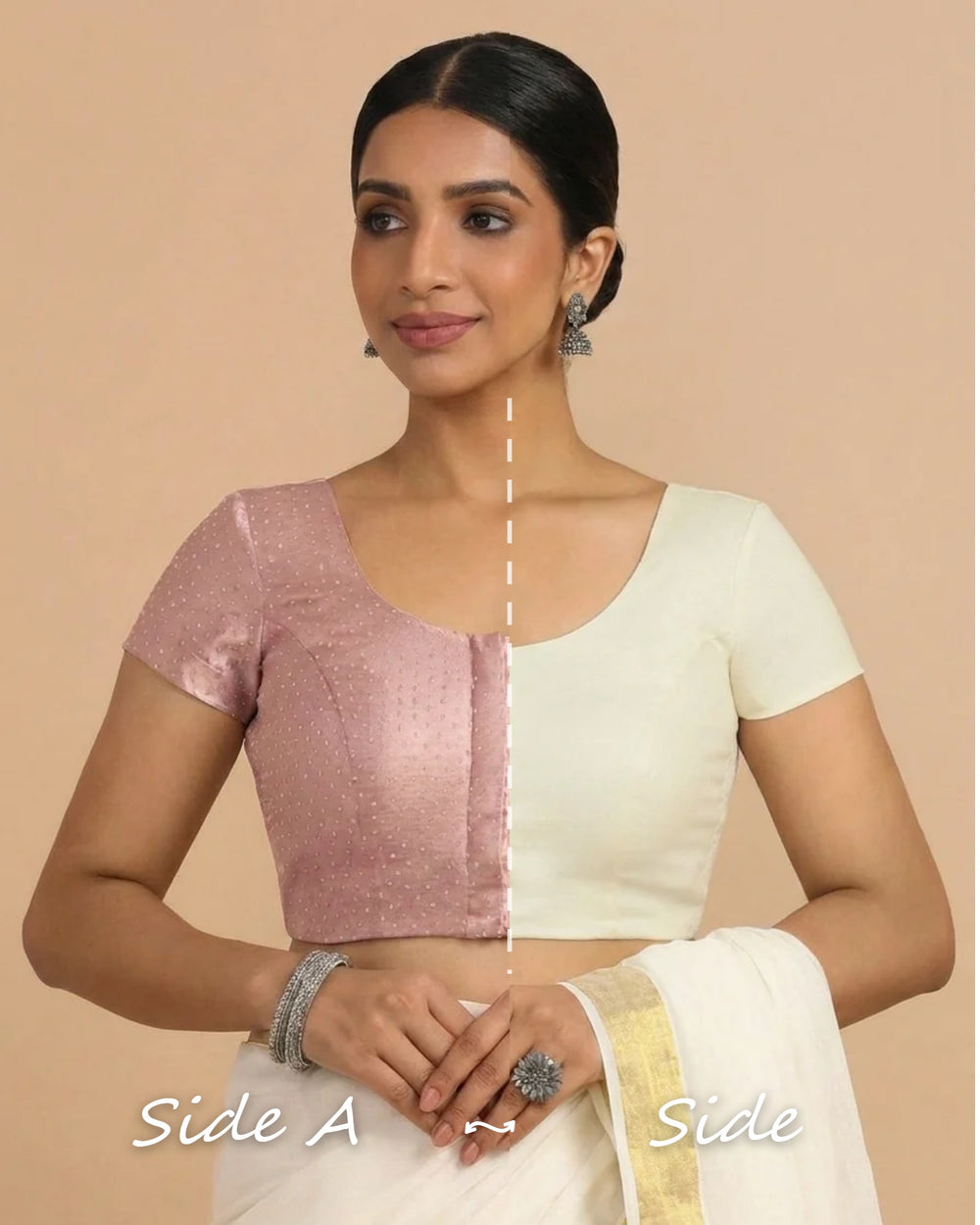 Krusha Reversible Duet | Dusty Rose × Chalk White Chandheri-Linen Saree Blouse