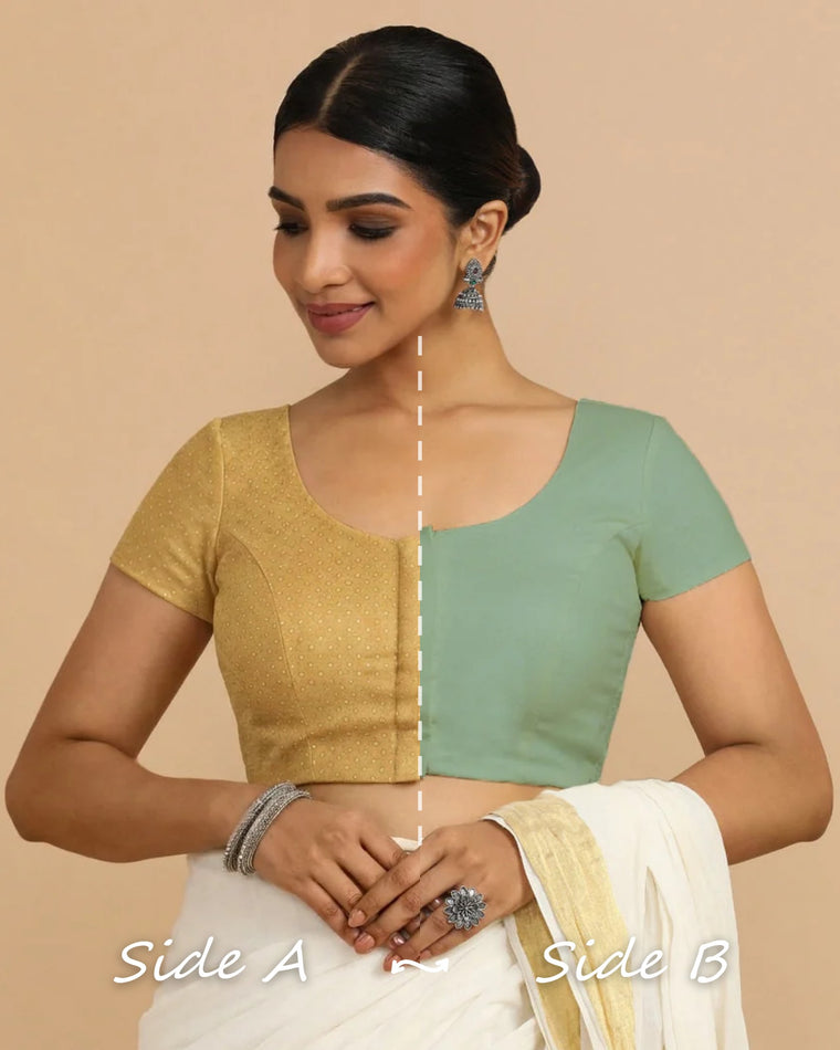 Krusha Reversible Duet | Gold × Peppermint Green Chandheri-Linen Saree Blouse — Side A and Side B