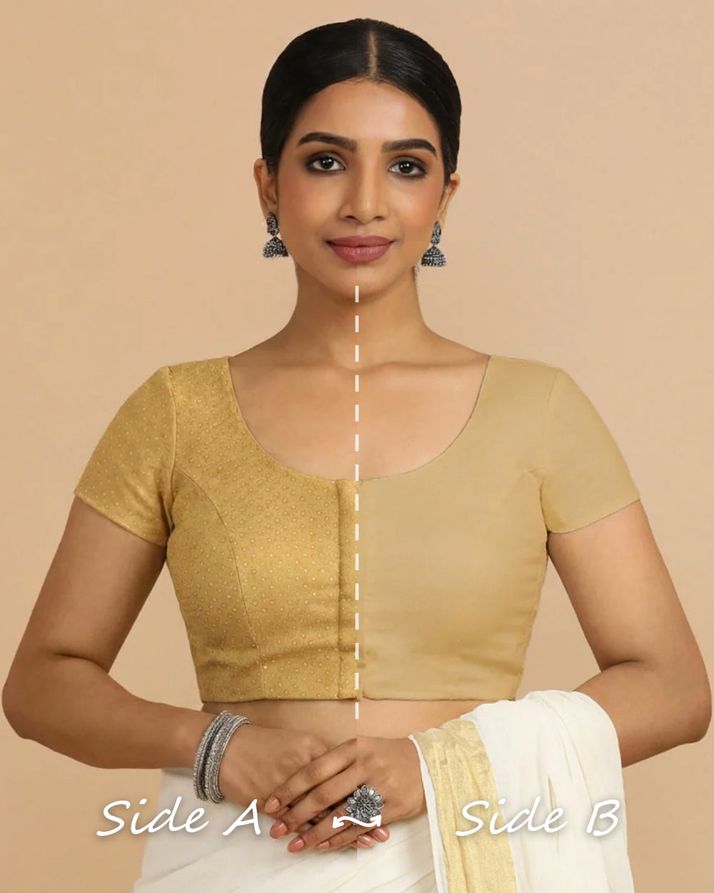 Krusha Reversible Duet | Gold × Ecru Beige Chandheri-Linen Saree Blouse