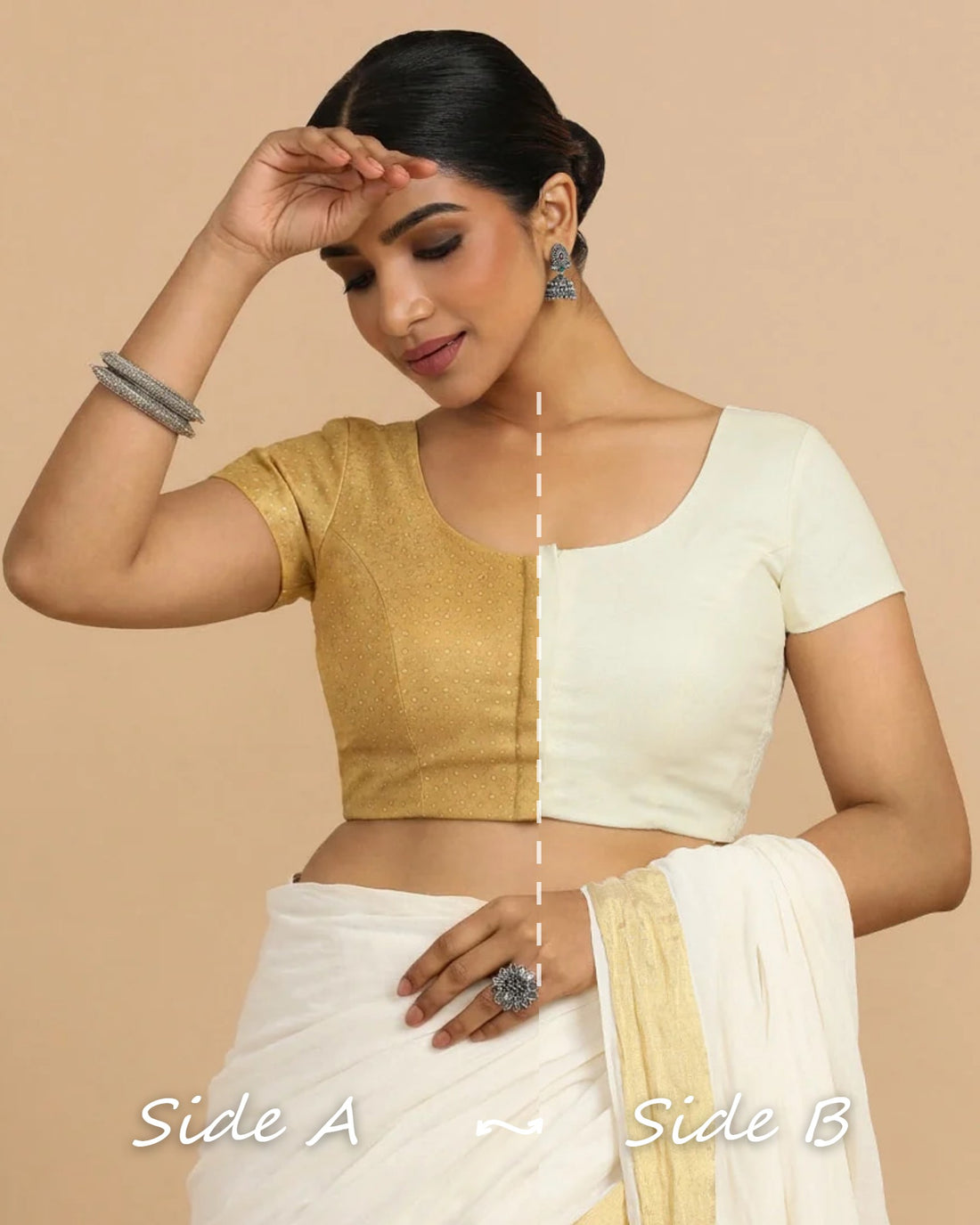 Krusha Reversible Duet | Gold × Chalk White Chandheri-Linen Saree Blouse — Side A and Side B