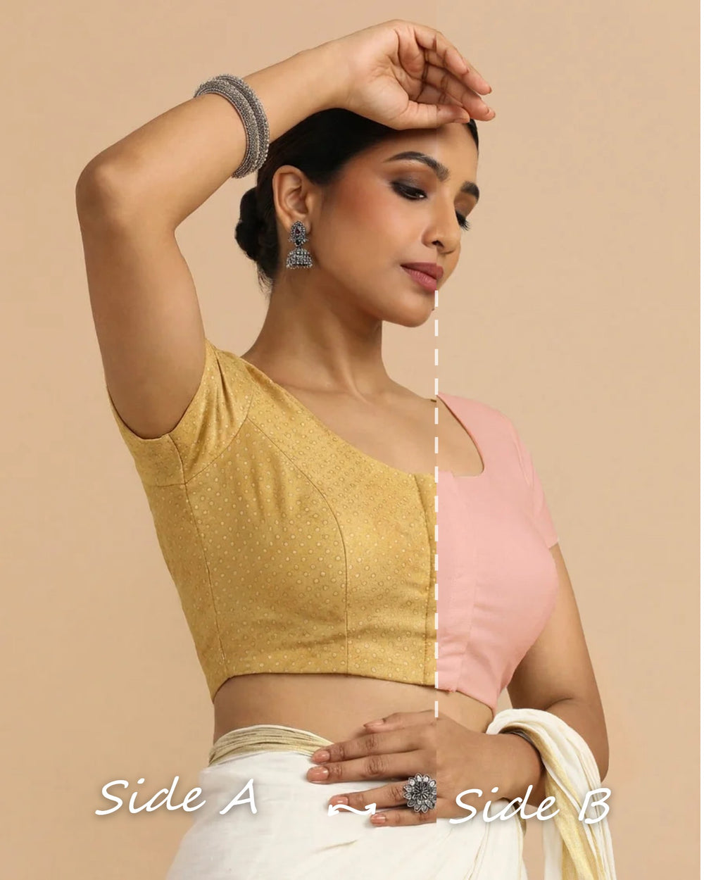 Krusha Reversible Duet | Gold × Misty Pink Chandheri-Linen Saree Blouse