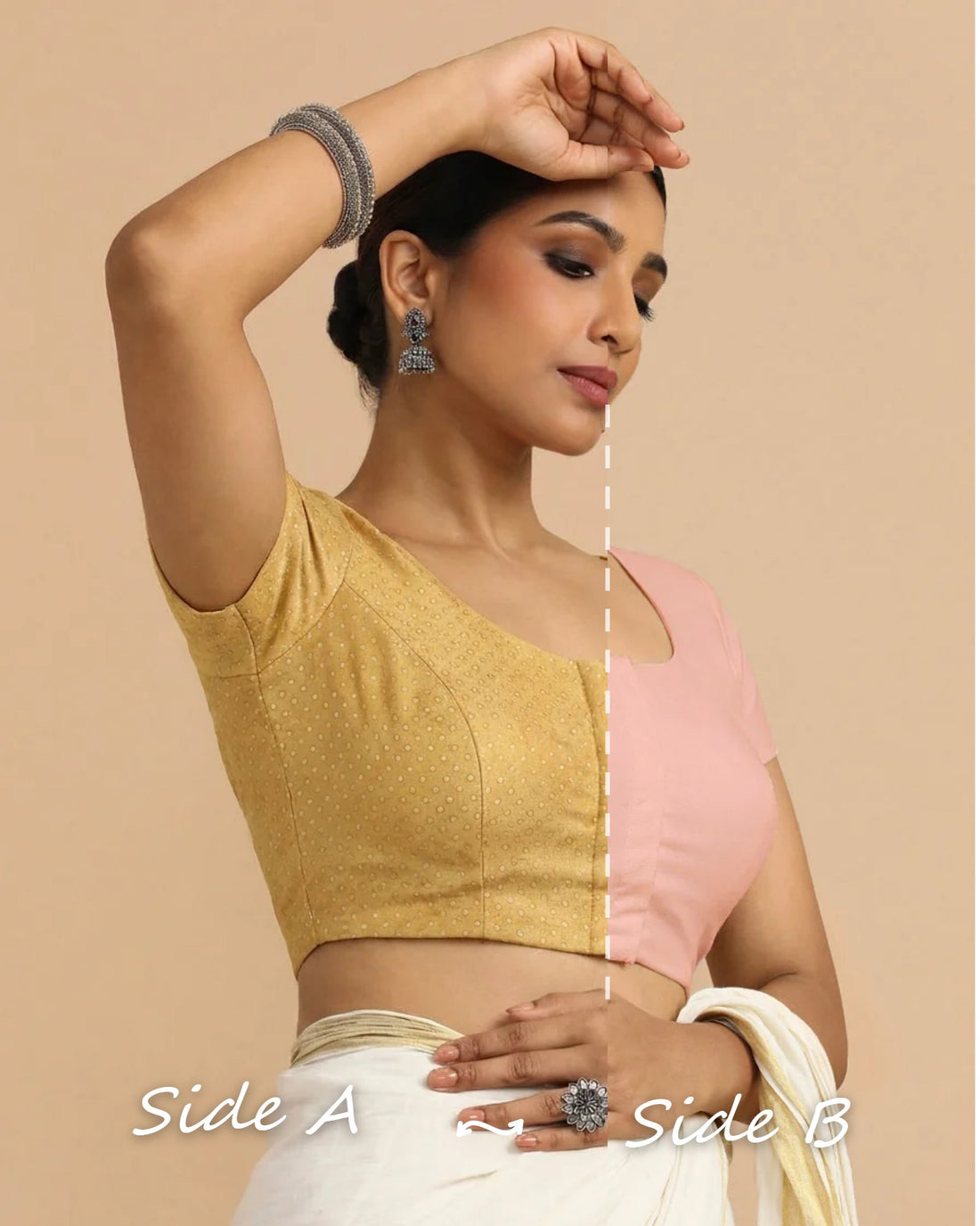 Krusha Reversible Duet | Gold × Misty Pink Chandheri-Linen Saree Blouse — Side A and Side B