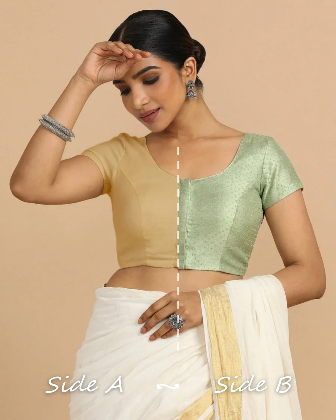 Krusha Reversible Duet | Light Green × Ecru Beige Chandheri-Linen Saree Blouse — Side A and Side B