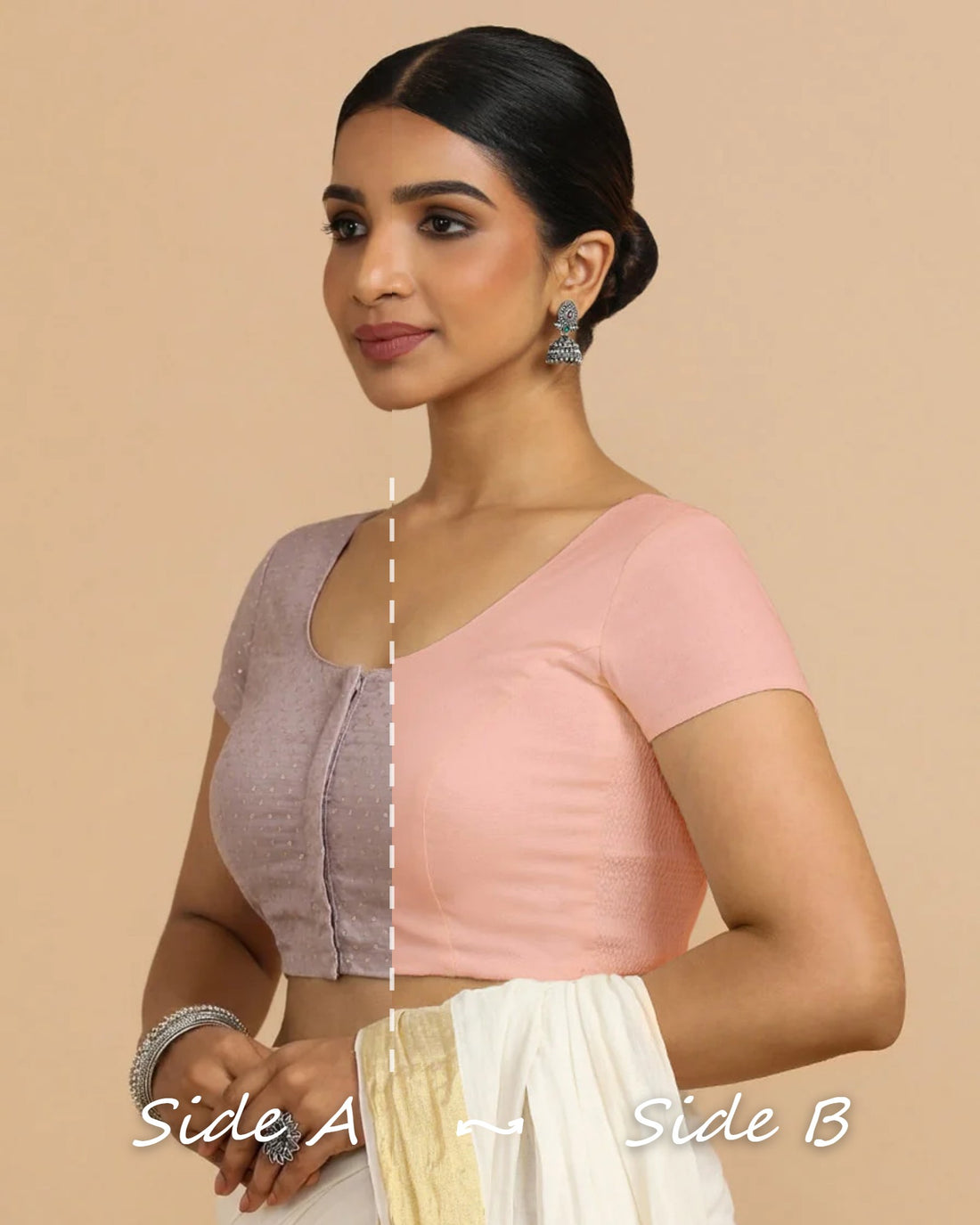 Krusha Reversible Duet | Lilac × Misty Pink Chandheri-Linen Saree Blouse — Side A and Side B