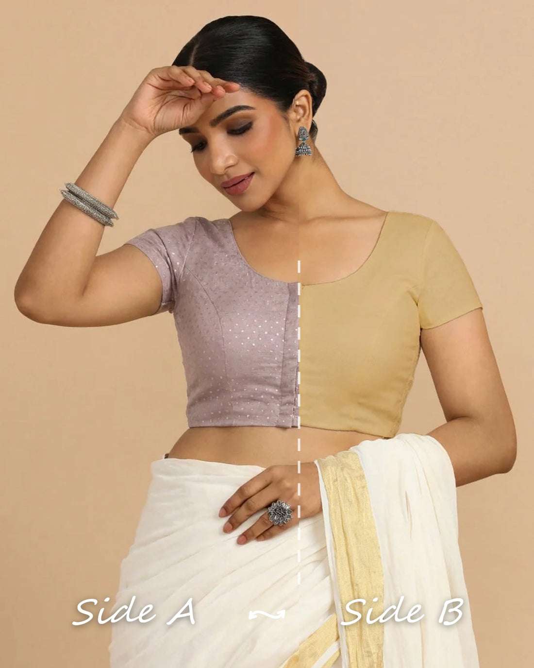 Krusha Reversible Duet | Lilac × Ecru Beige Chandheri-Linen Saree Blouse — Side A and Side B