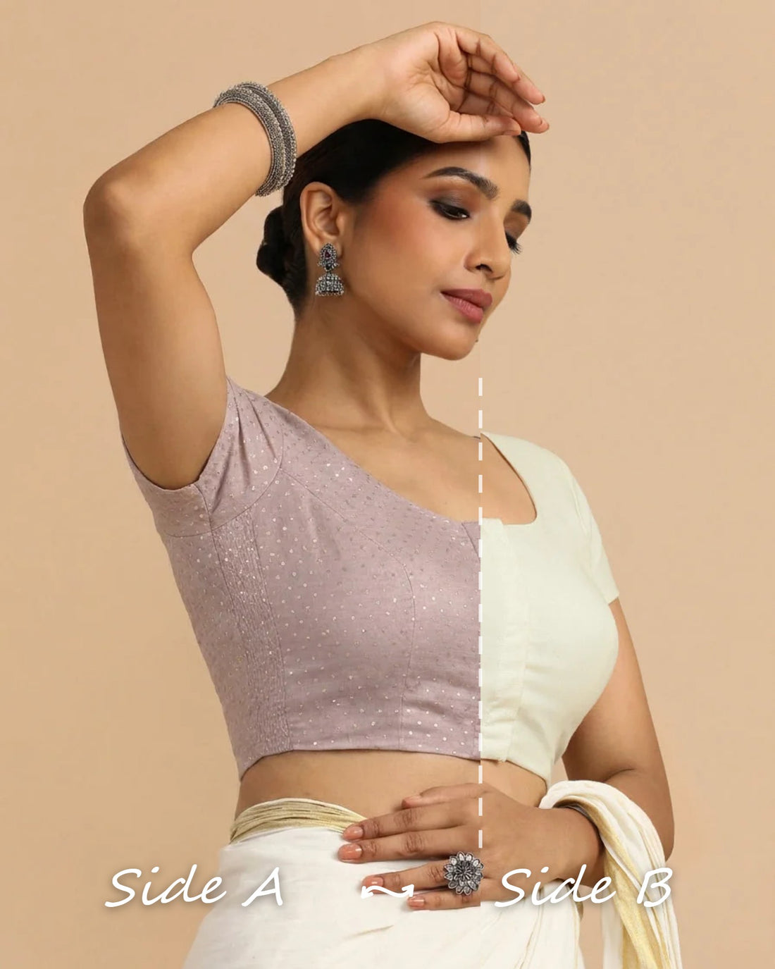 Krusha Reversible Duet | Lilac × Chalk White Chandheri-Linen Saree Blouse — Side A and Side B