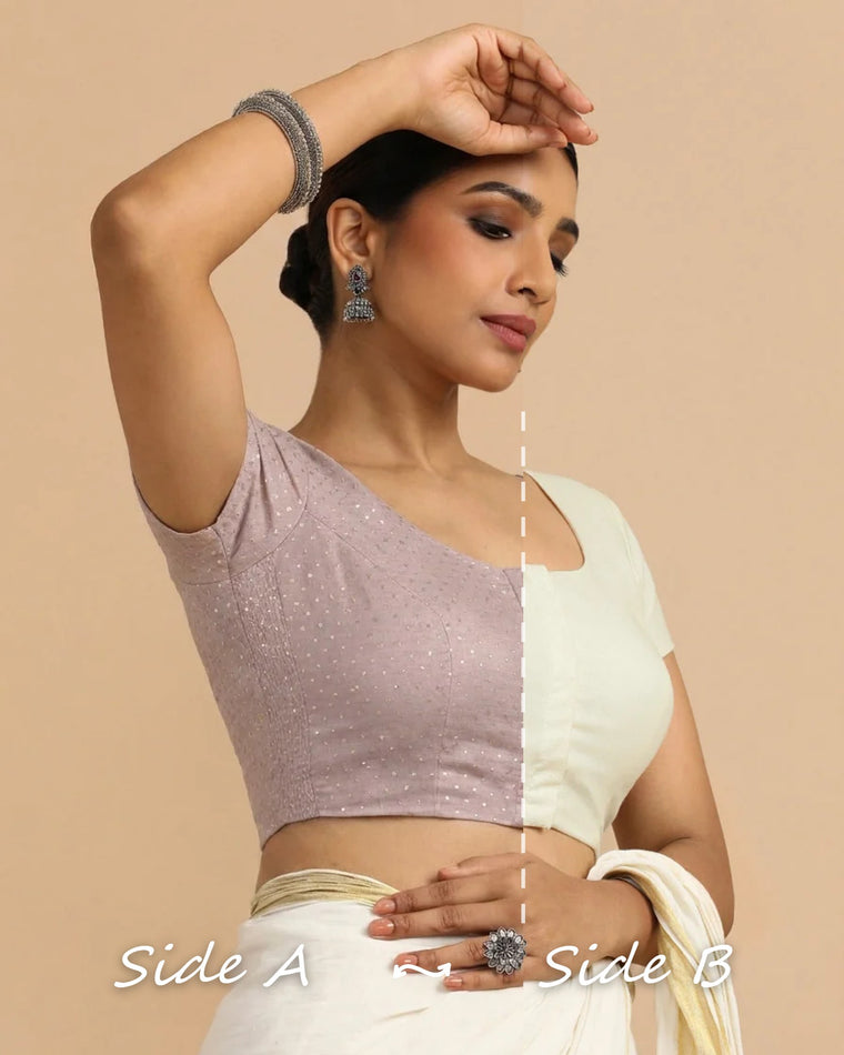 Krusha Reversible Duet | Lilac × Chalk White Chandheri-Linen Saree Blouse — Side A and Side B
