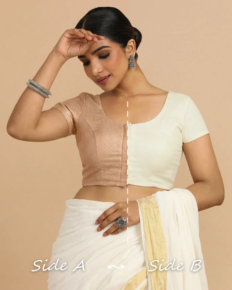 Krusha Reversible Duet | Muted Copper × Chalk White Chandheri-Linen Saree Blouse — Side A and Side B