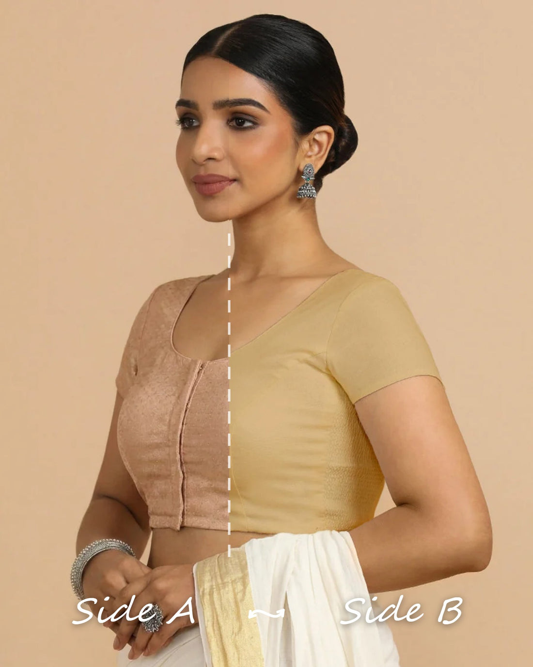 Krusha Reversible Duet | Muted Copper × Ecru Beige Chandheri-Linen Saree Blouse — Side A and Side B